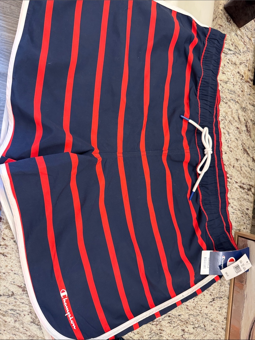 Champion Navy Blue and Red Striped Swim Trunks